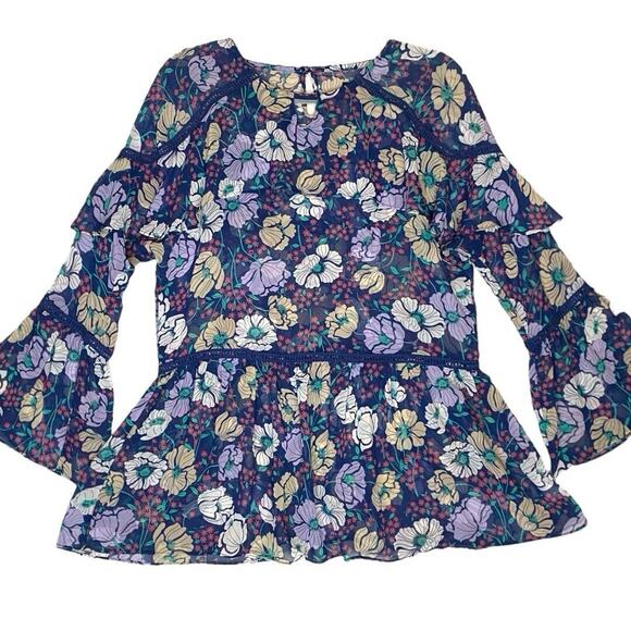 Mary & Mabel Floral Tunic Blouse Womens S Oversized Boho Chic Flowy Sheer Ruffle - Picture 1 of 10